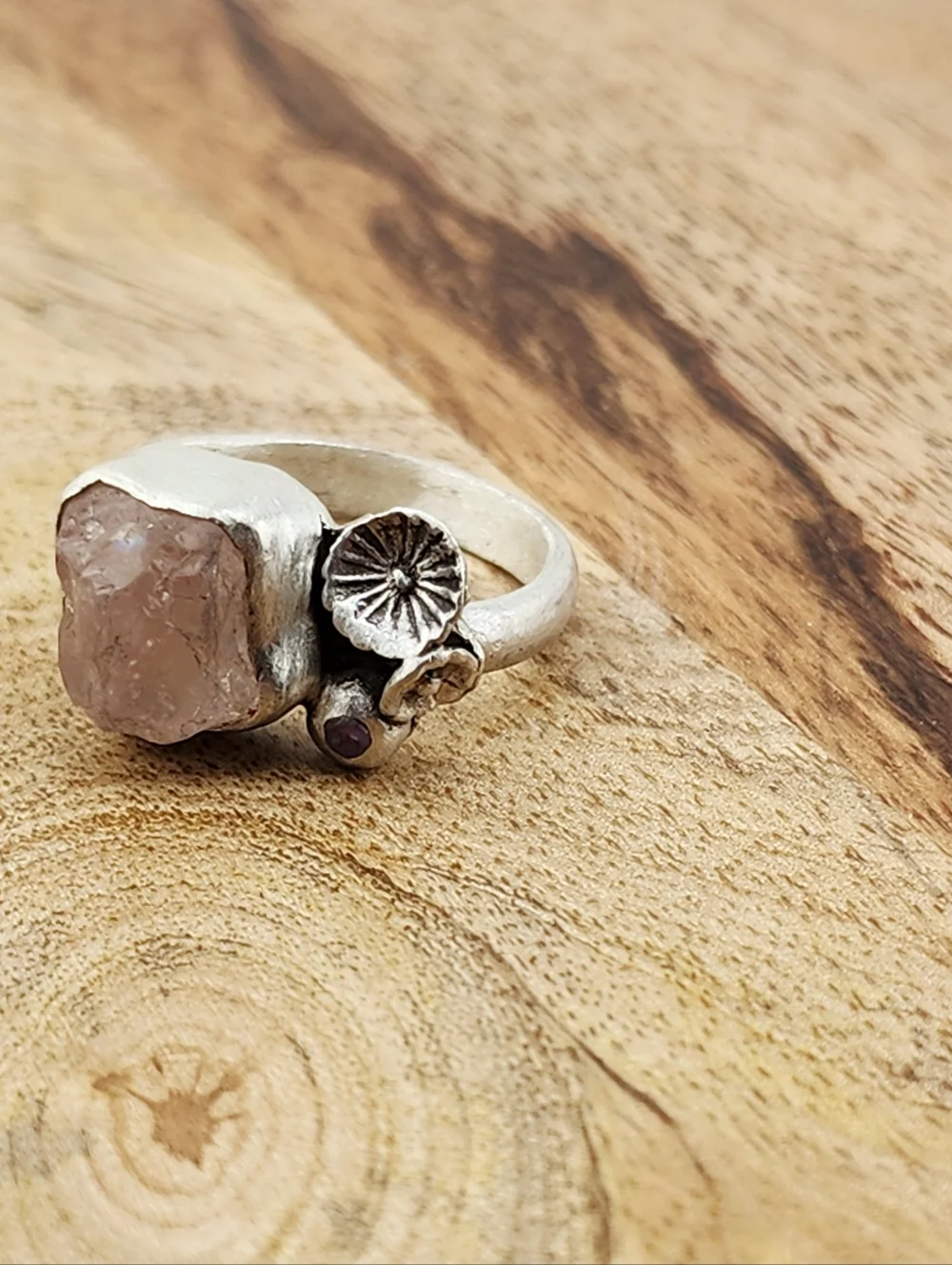 ROSE QUARTZ & AMETHYST FLOWER RING HANDMADE IN STERLING SILVER 7.5